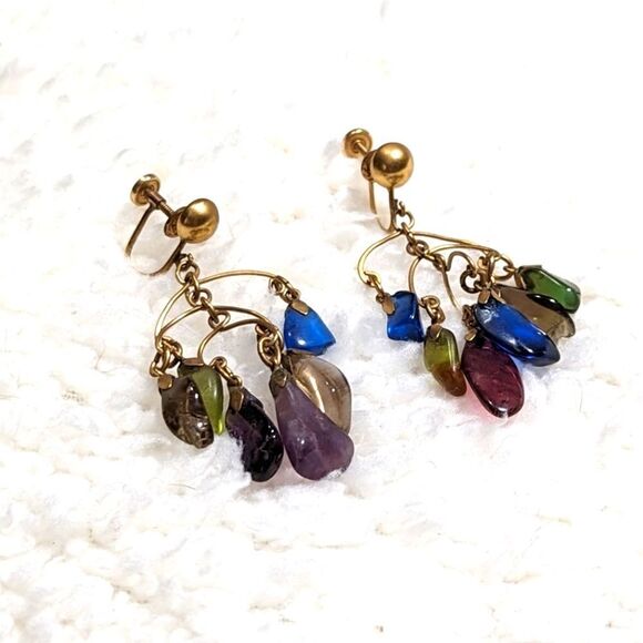 Vintage 1960's Natural Stone Dangle Screw Back Earrings  1/20th 12k GF Backs - Picture 1 of 8